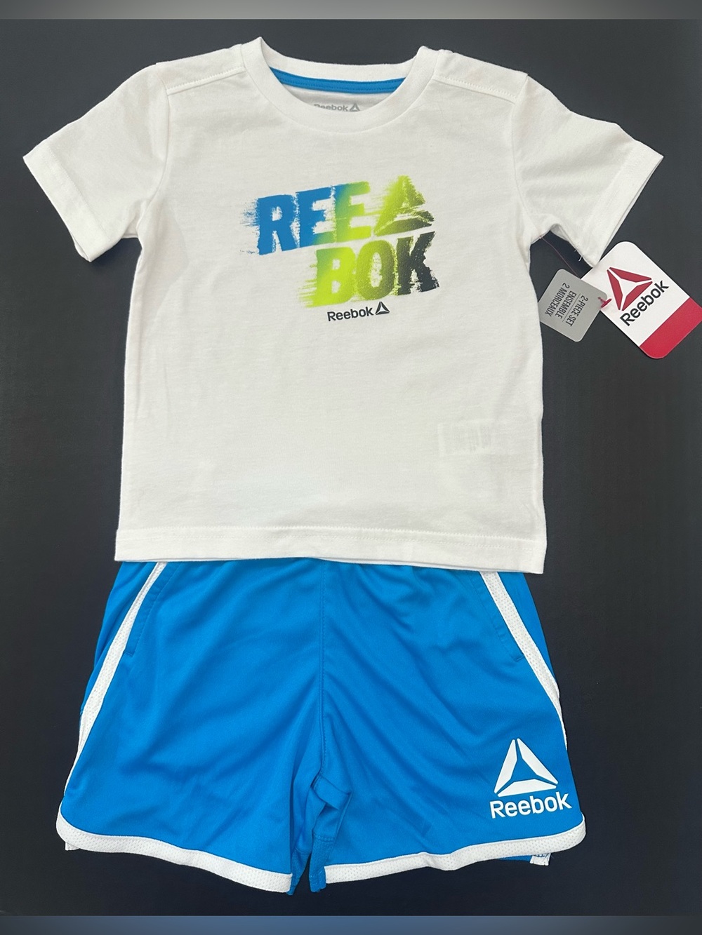 Reebok Toddler Boys Size 2T White Graphic T-Shirt and Teal Blue Shorts Set
NWT's